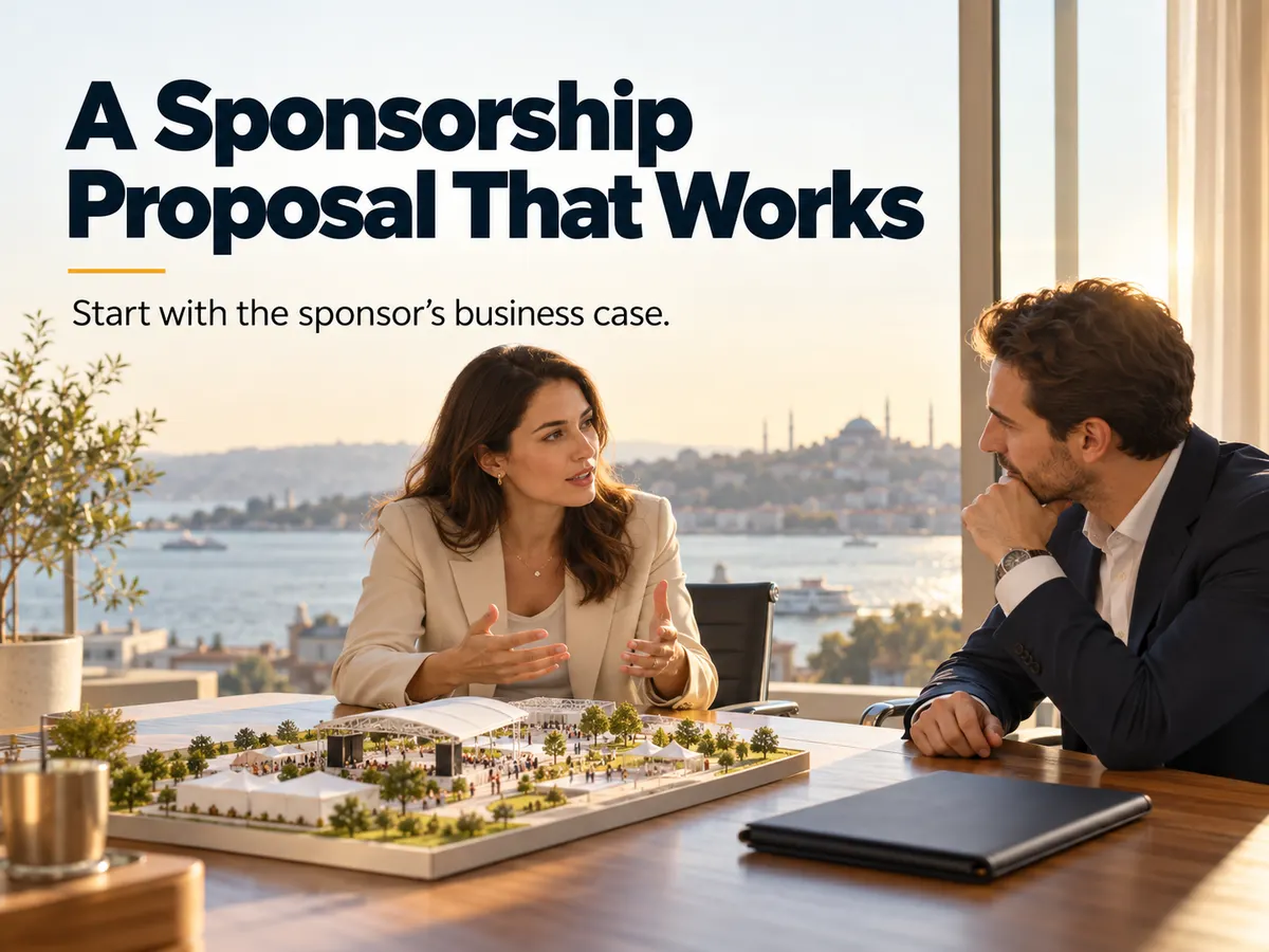 Two professionals discuss a scale model of an event site at a table overlooking a waterfront city.