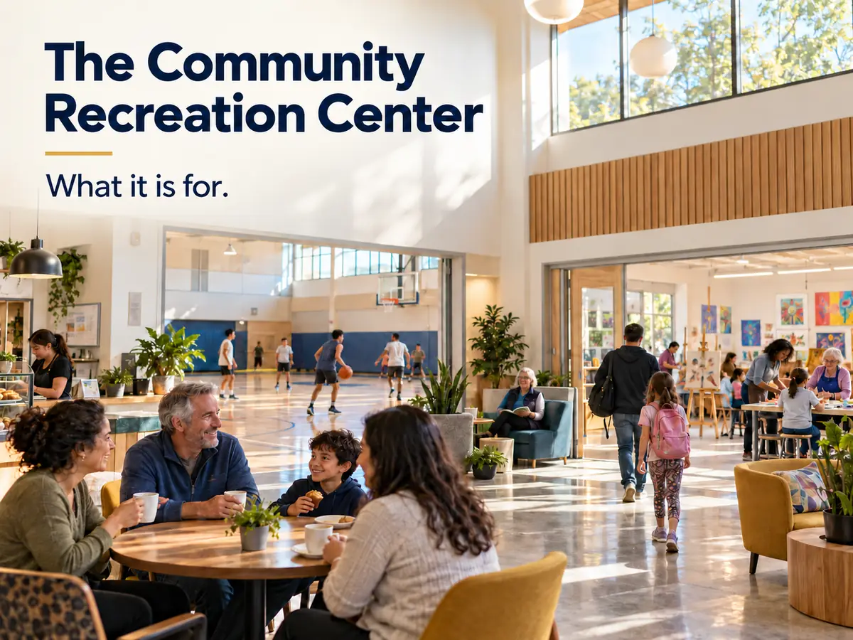 A bright community centre with a sports hall, an art room and a café corner, people of all ages