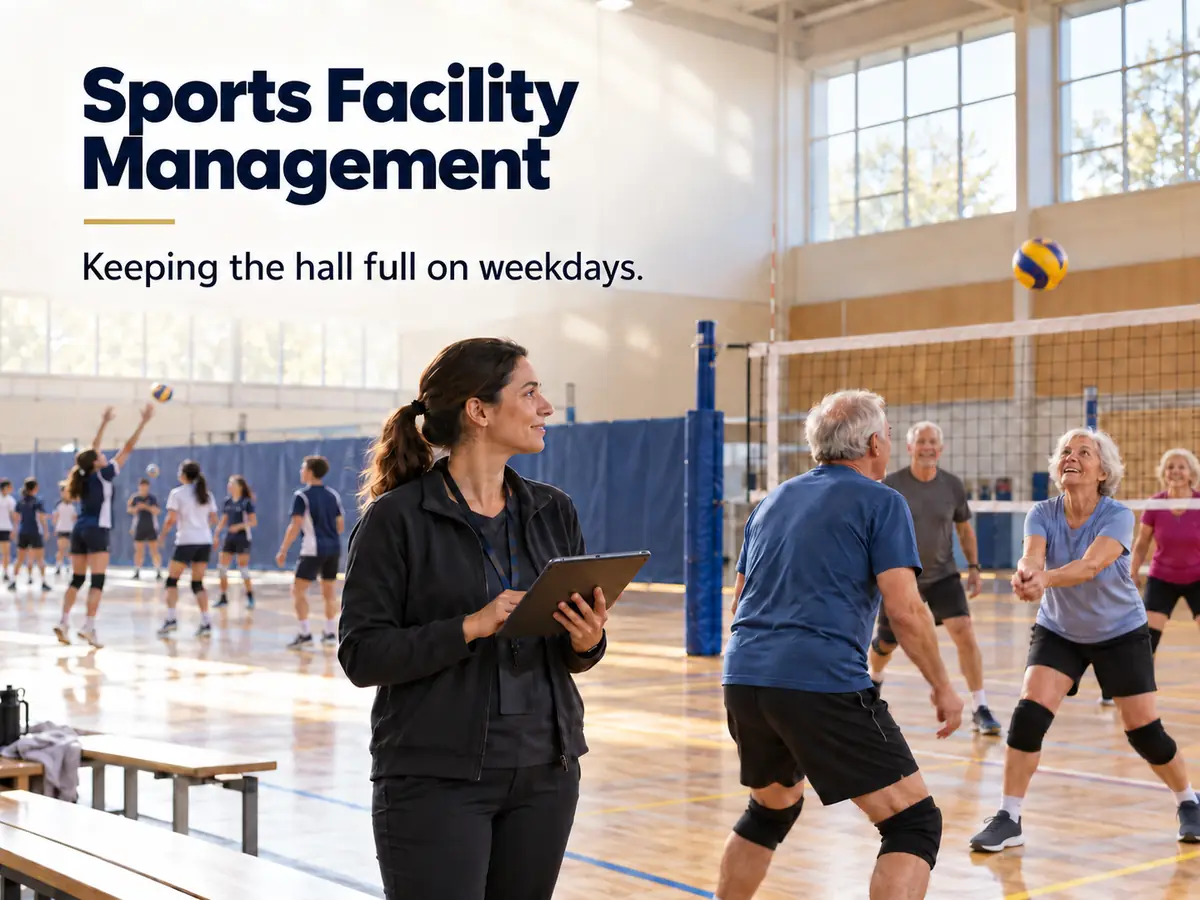 An indoor sports hall on a weekday afternoon with a school group, an older adults' volleyball group and a manager with a tablet