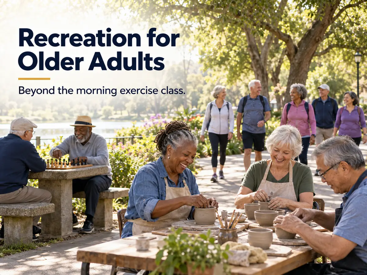 Older adults in a park doing a walking group, a chess table and a pottery workshop under trees