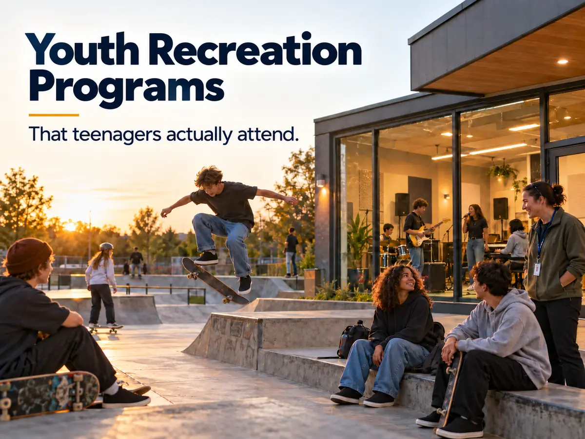 Teenagers at an evening skate park and a music studio in a youth centre, a youth worker nearby