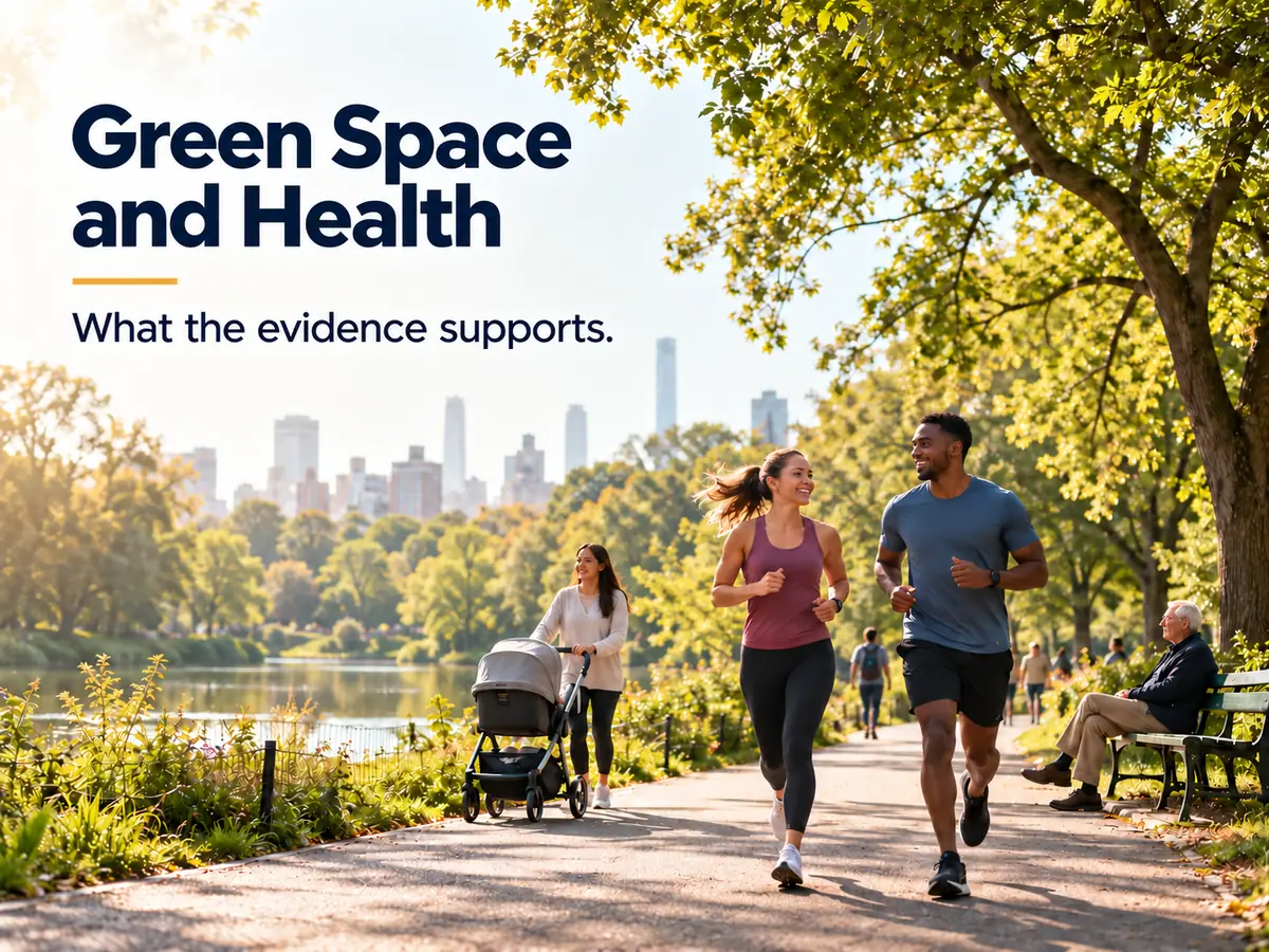 A large urban park in the morning with joggers, a mother with a pram and an older man on a bench under trees