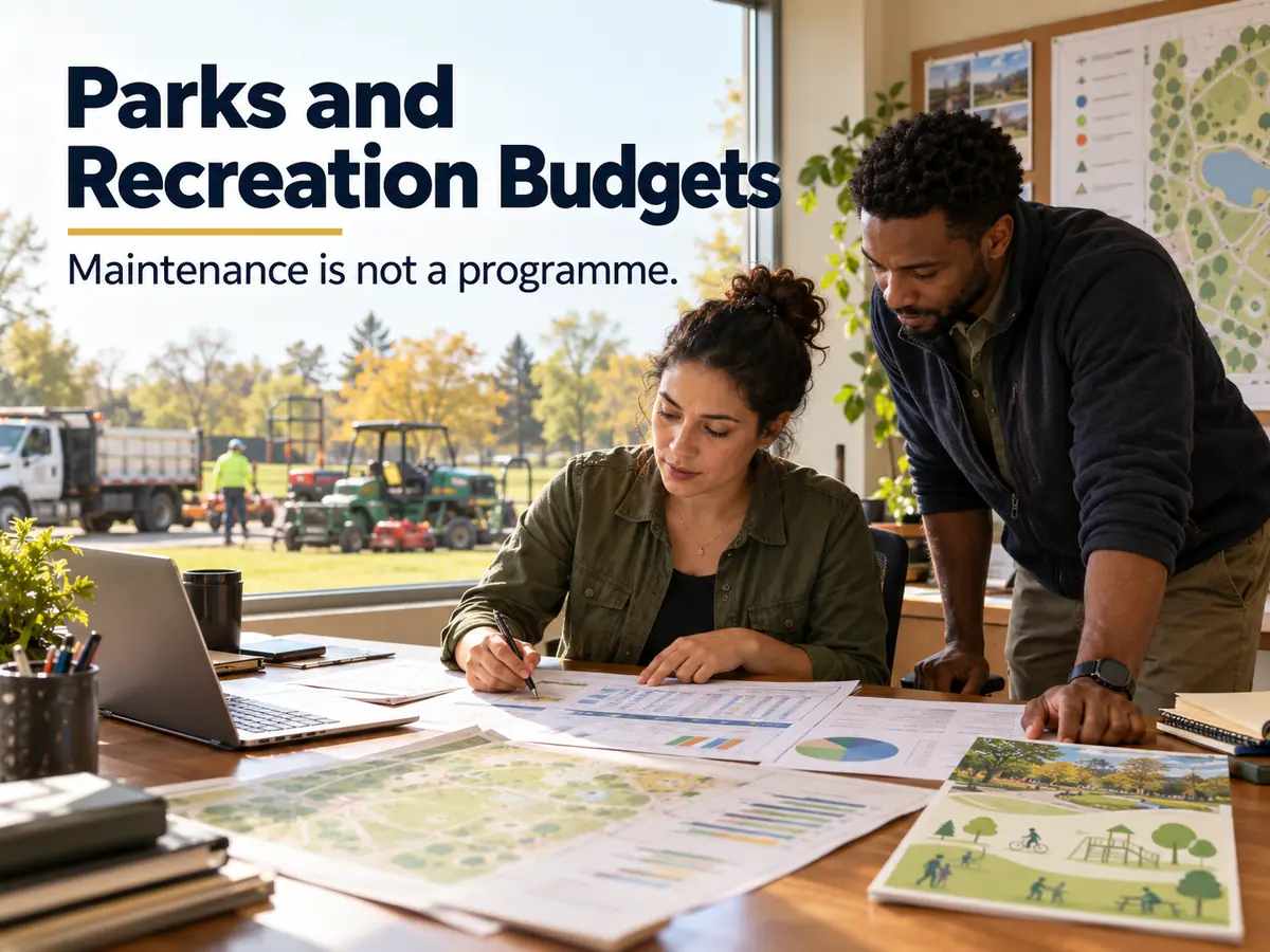 A park office desk with budget spreadsheets, maintenance equipment outside the window and a programme flyer