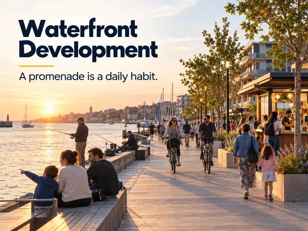 A redeveloped harbour promenade with cyclists, fishermen, a kiosk and families at sunset