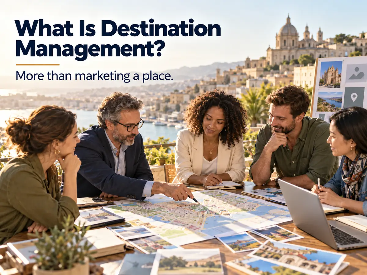 A destination team meeting with hotel, transport and culture partners around a table with a city map