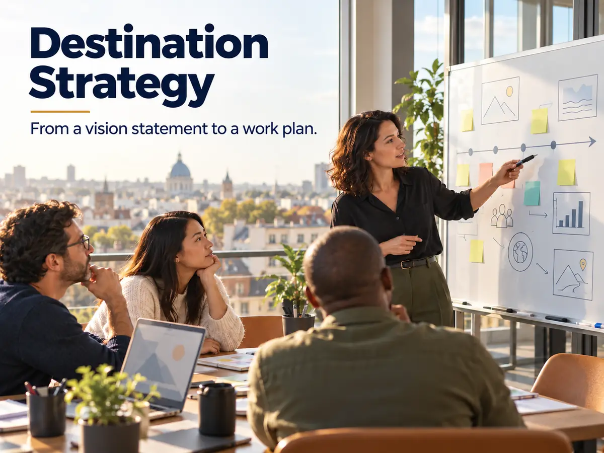 A whiteboard with a timeline and actions, a small team in a city office overlooking rooftops