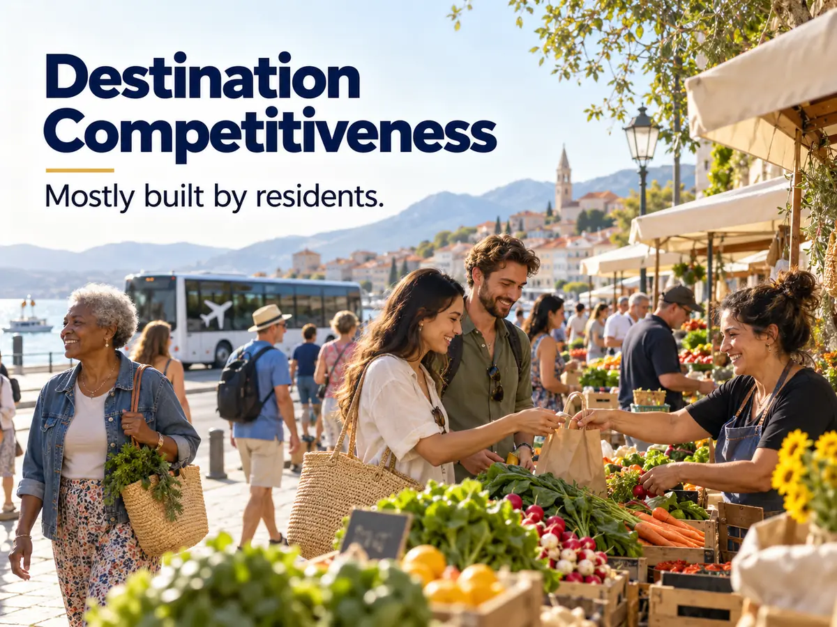 A lively local market with residents shopping and a few visitors, an airport shuttle bus passing in the background