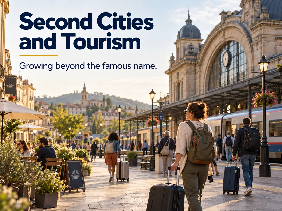 A smaller historic city centre with a train station, a few visitors with suitcases and a calm main street