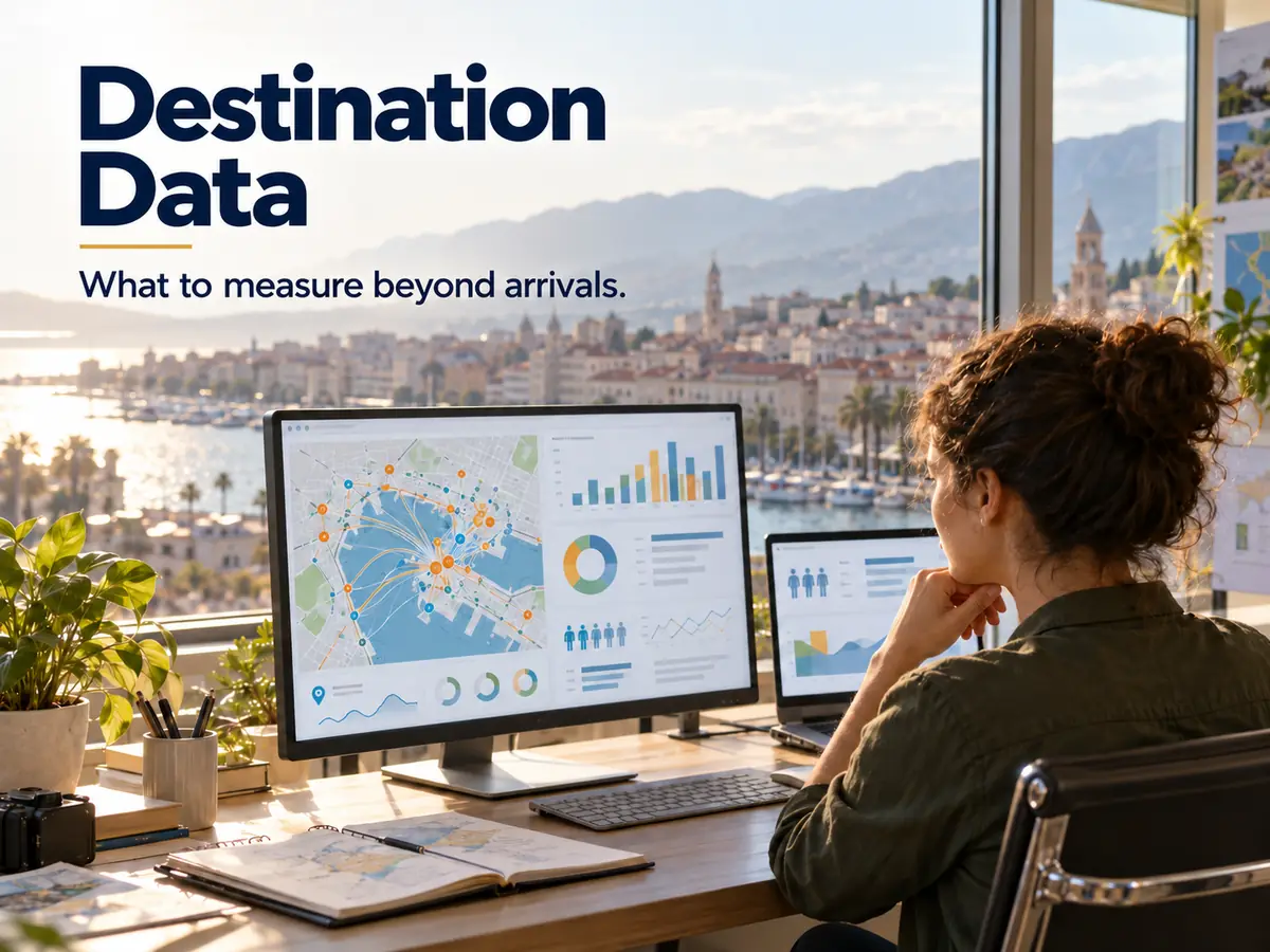 An analyst at a desk with dashboards showing visitor flows and resident survey results, a city view outside