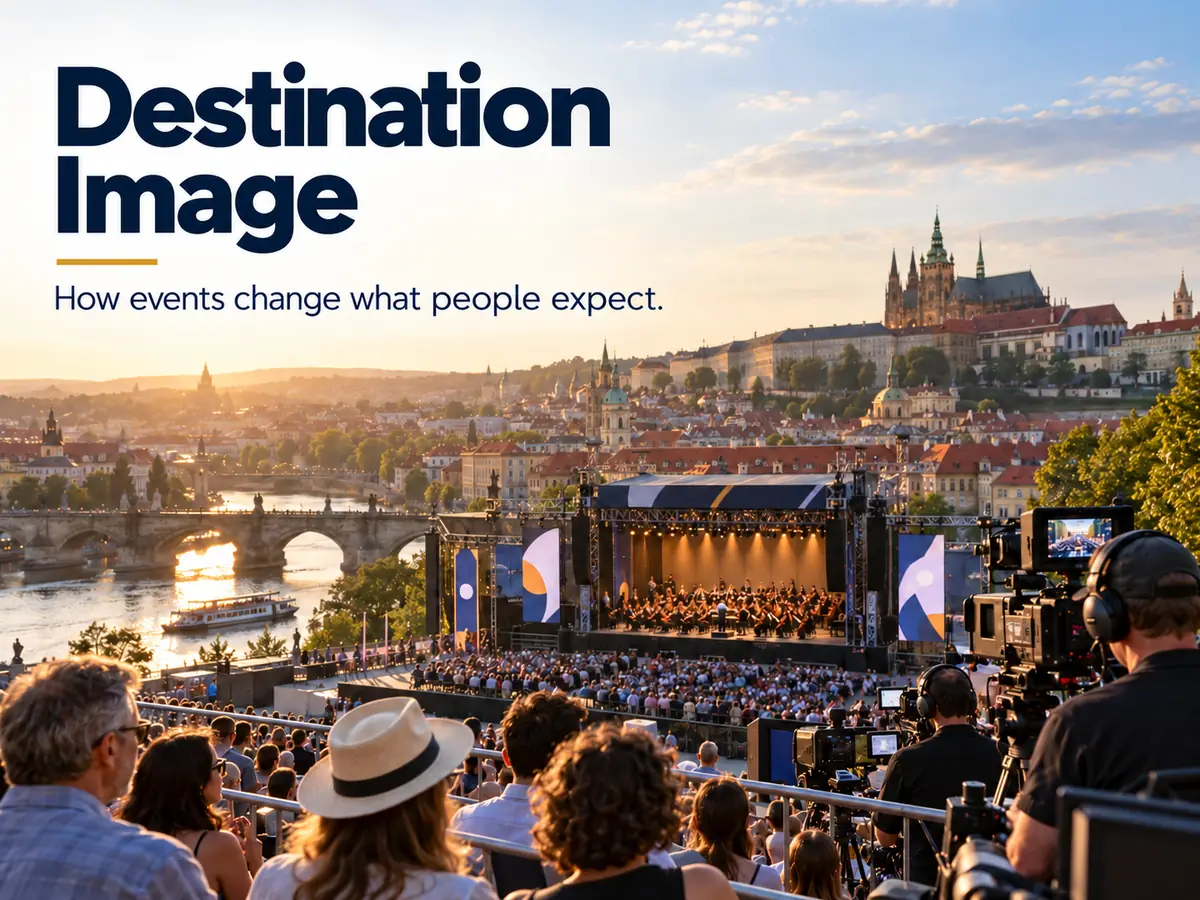 A large sports or cultural event in a historic city, broadcast cameras and spectators, city skyline behind