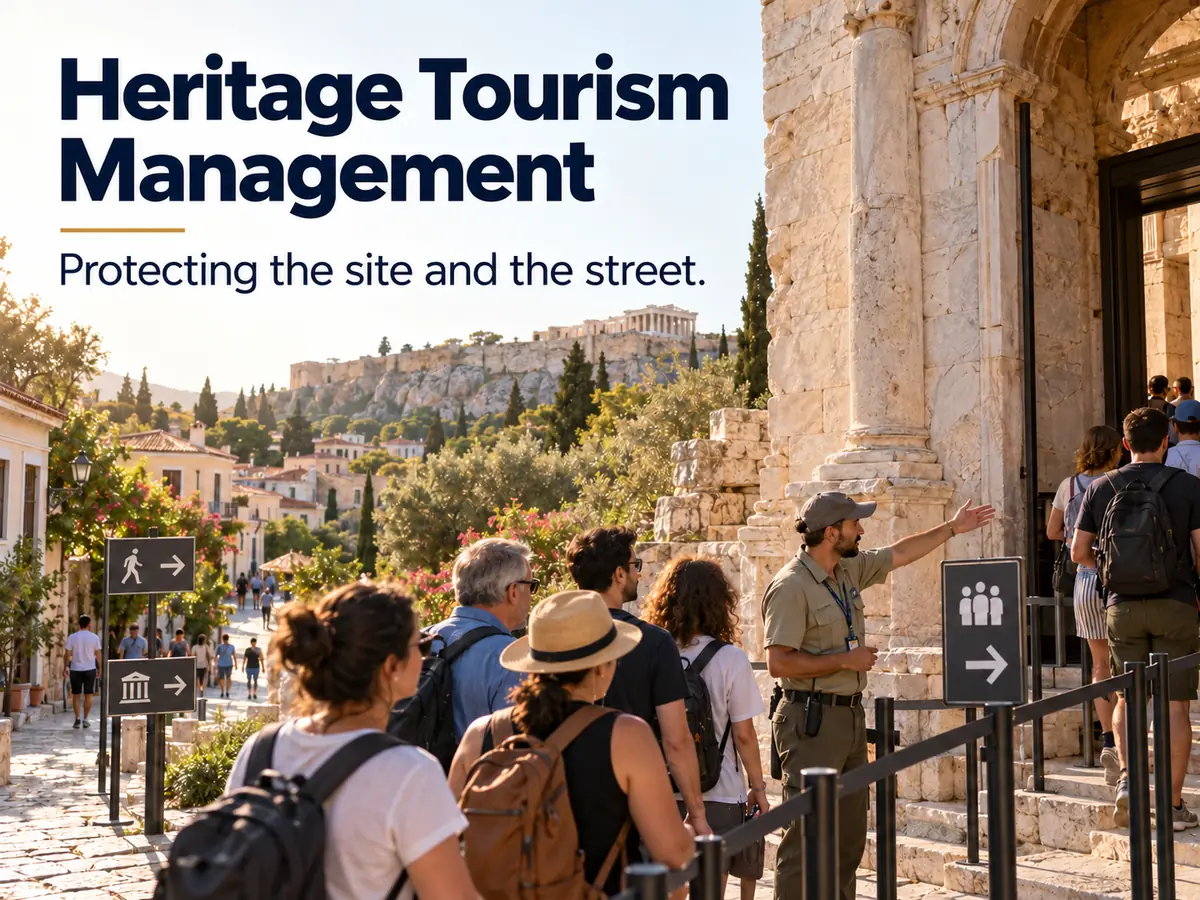 An ancient site entrance with managed queues, a conservation worker and nearby residential streets
