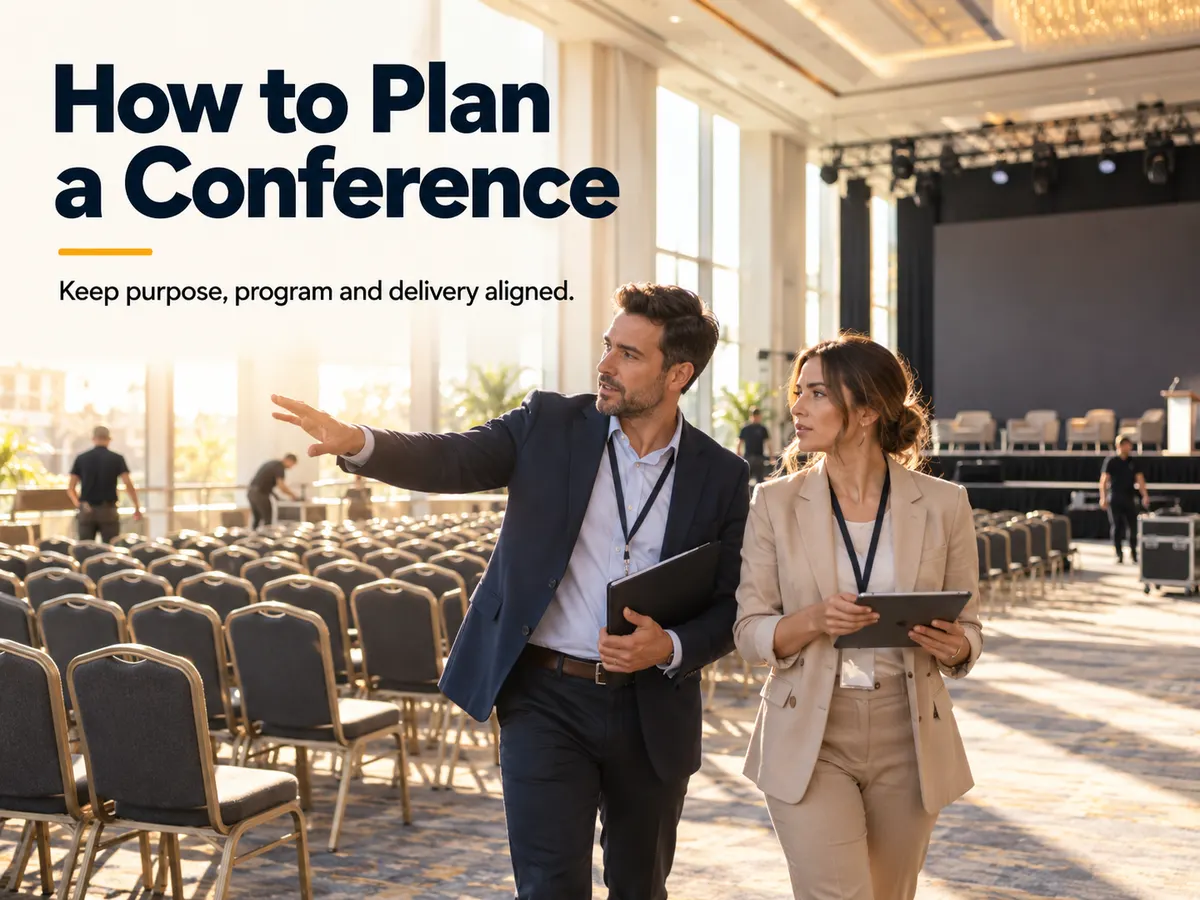 Two event professionals inspect seating and stage arrangements in a conference hall with a folder and tablet.