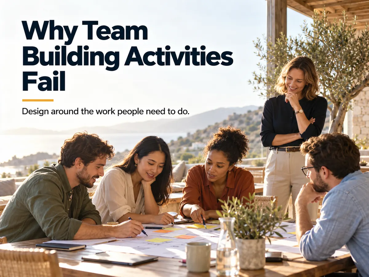 Four colleagues work through a paper-based group task while a facilitator observes at an outdoor offsite venue.