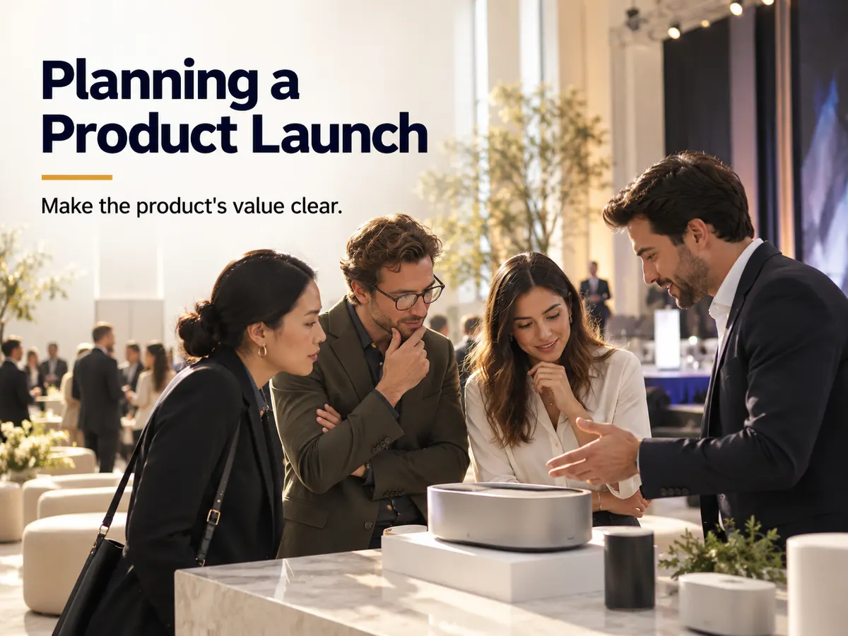 A presenter demonstrates a tabletop product to three attendees at a launch event.