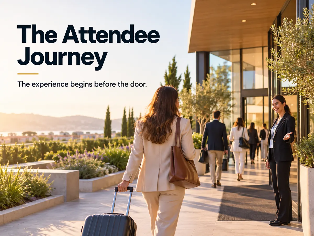 A staff member welcomes an arriving delegate with a suitcase at a modern event venue.
