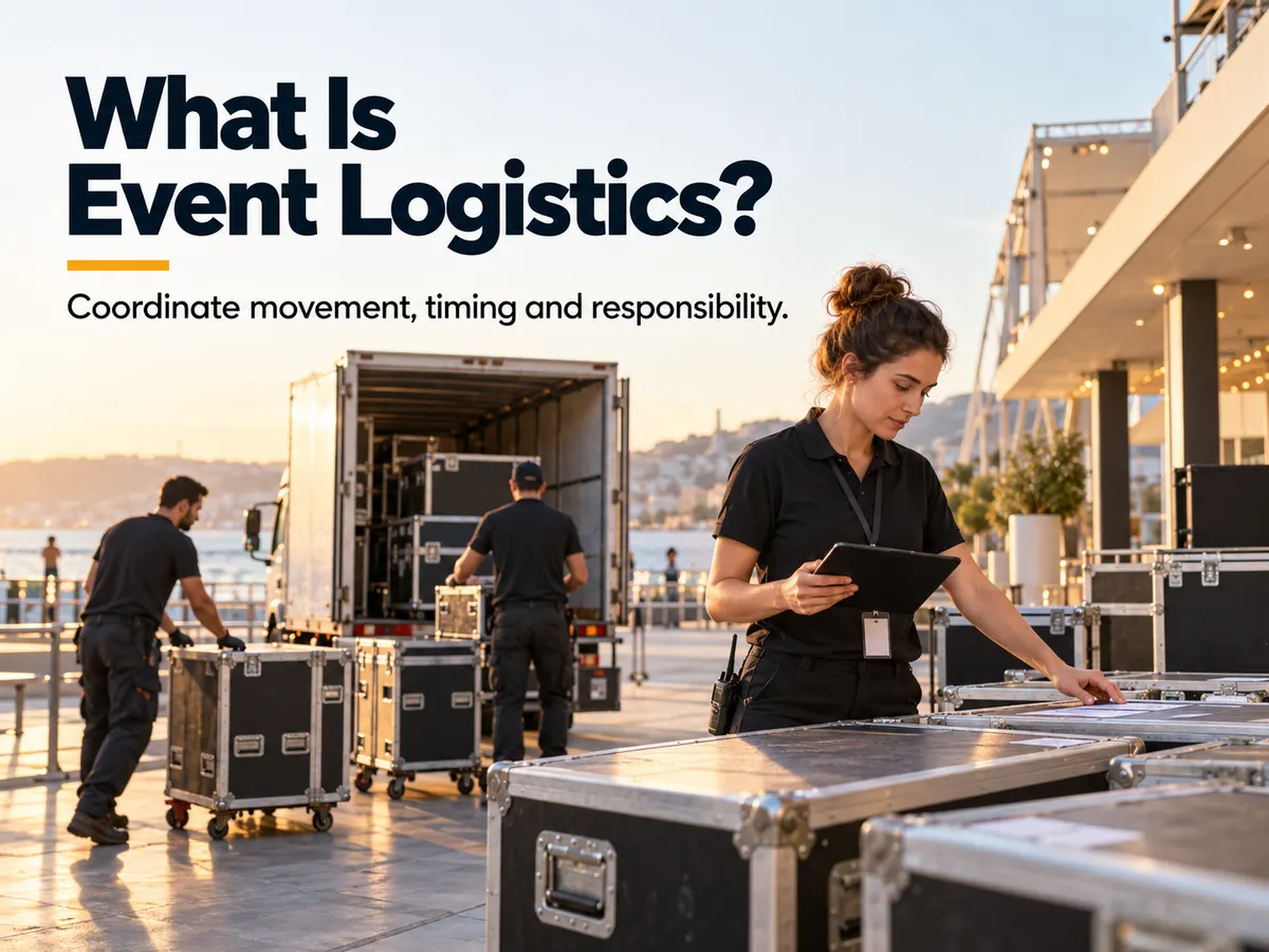 An event coordinator checks a tablet while crew members move equipment cases beside a delivery truck.