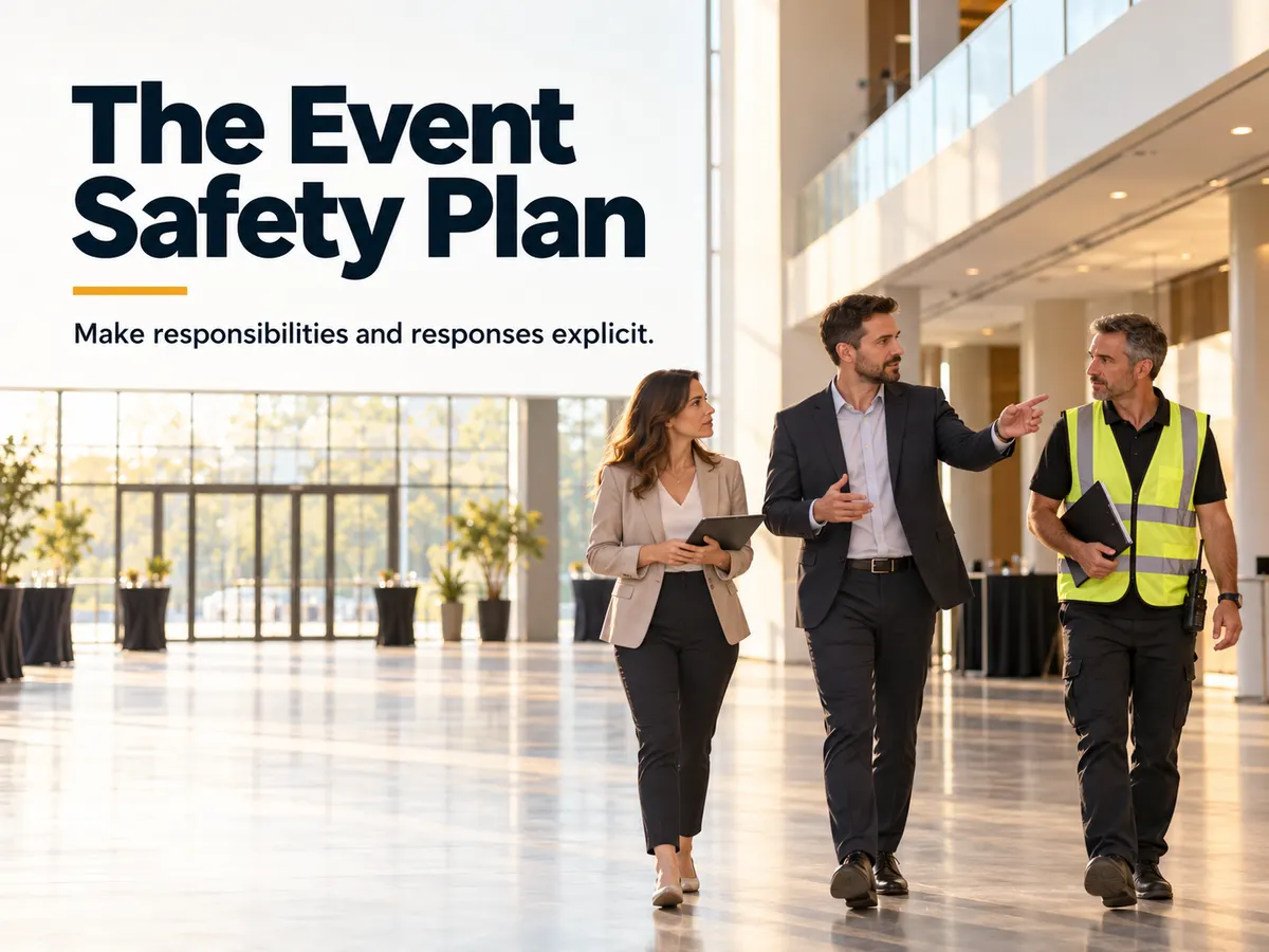 Three event professionals, one of them in a high-visibility vest, inspect a large venue hall.