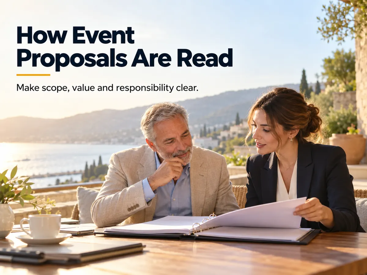 Two professionals review an open proposal binder at a table overlooking the waterfront.