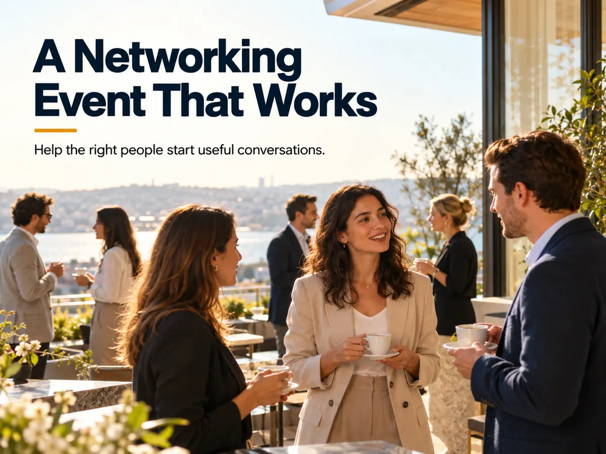 Delegates converse in small groups over coffee on a waterfront event terrace.