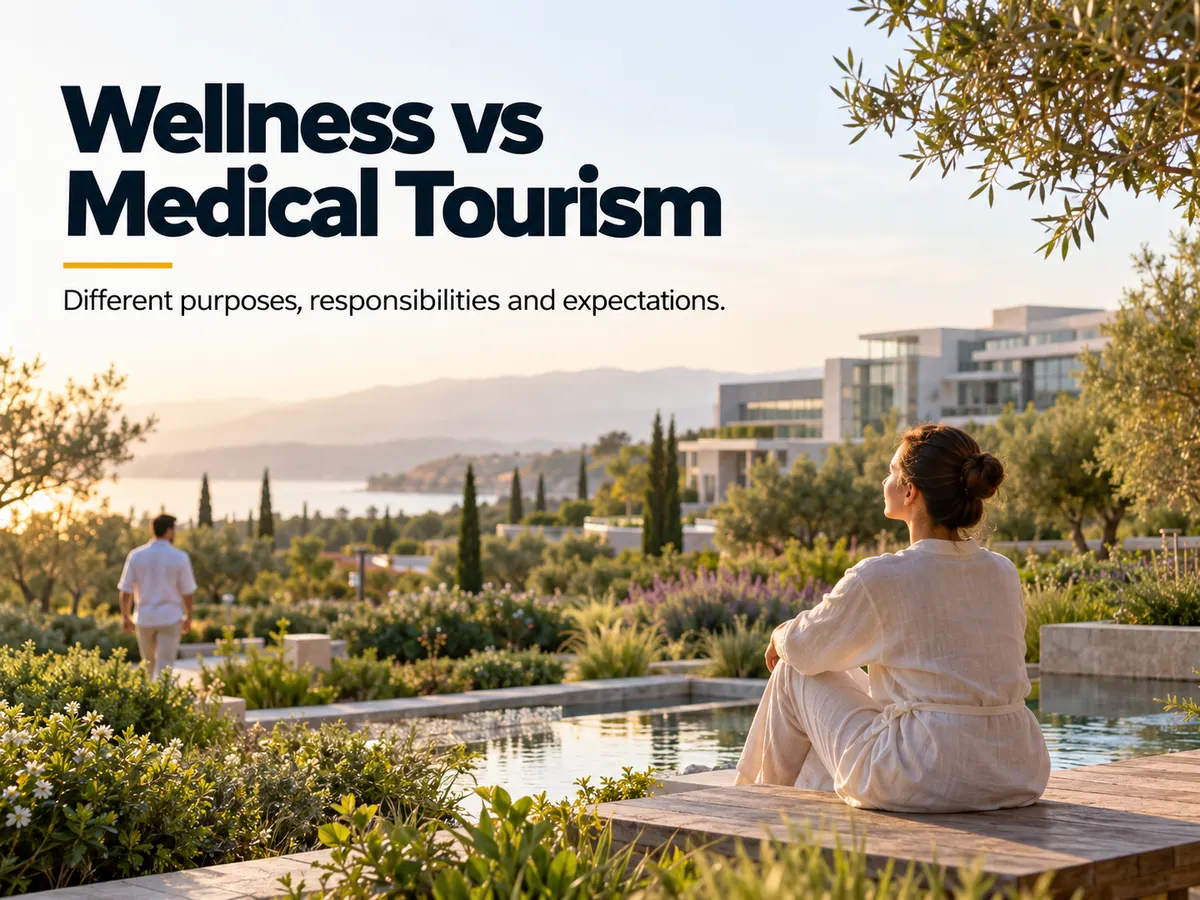 A guest in a robe sits beside an outdoor pool overlooking gardens and a modern resort.