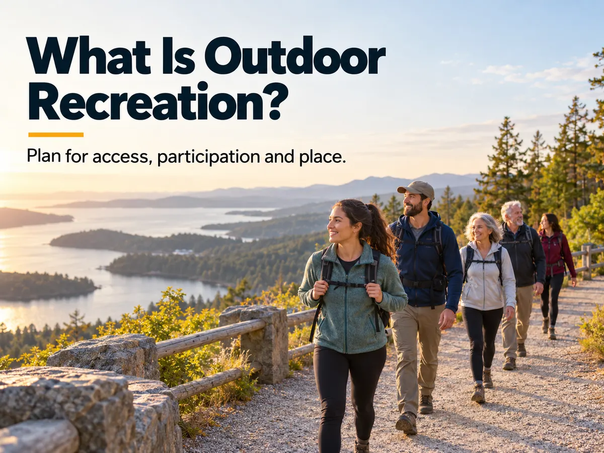 A group of hikers follows a broad hillside path overlooking wooded islands and water.