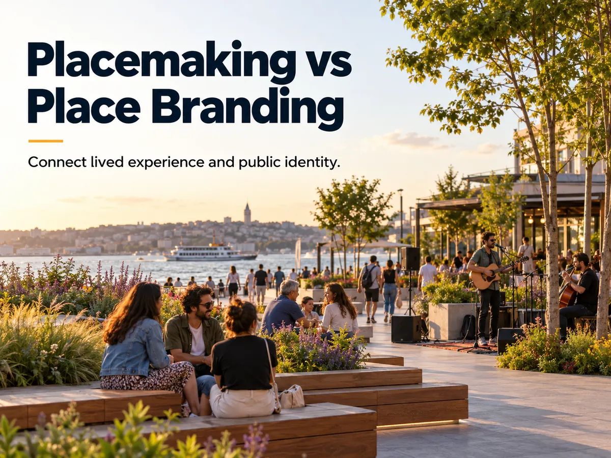 People gather on landscaped waterfront seating while musicians perform beside a busy promenade.