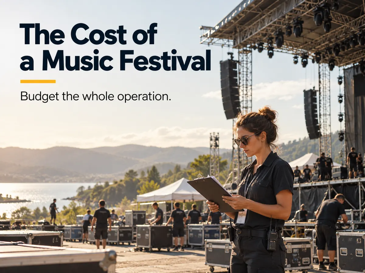 A festival coordinator checks a clipboard while crew members prepare an outdoor stage and equipment.