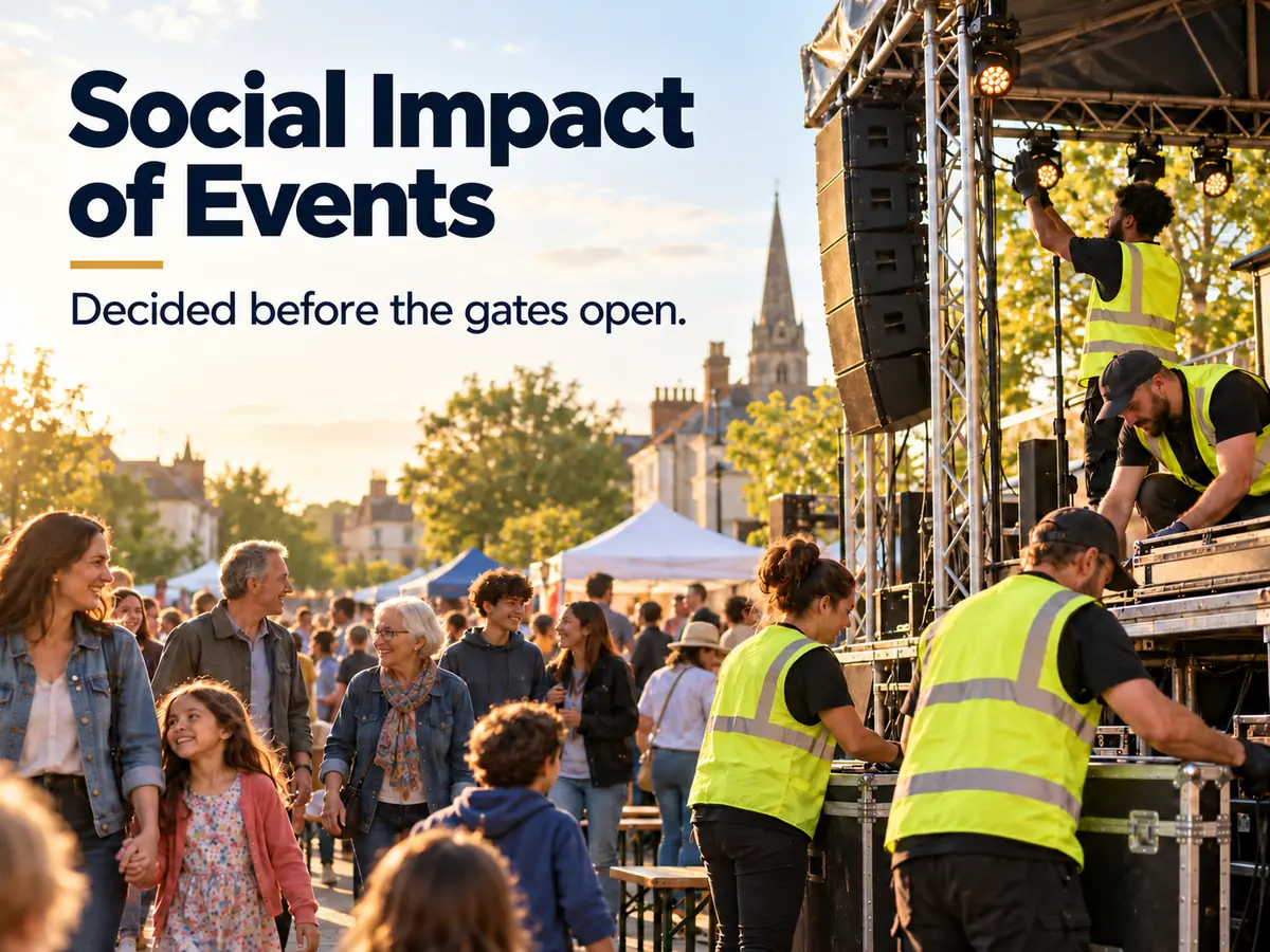 A neighbourhood street festival with families, older residents and teenagers, an organiser team in plain vests setting up a small stage