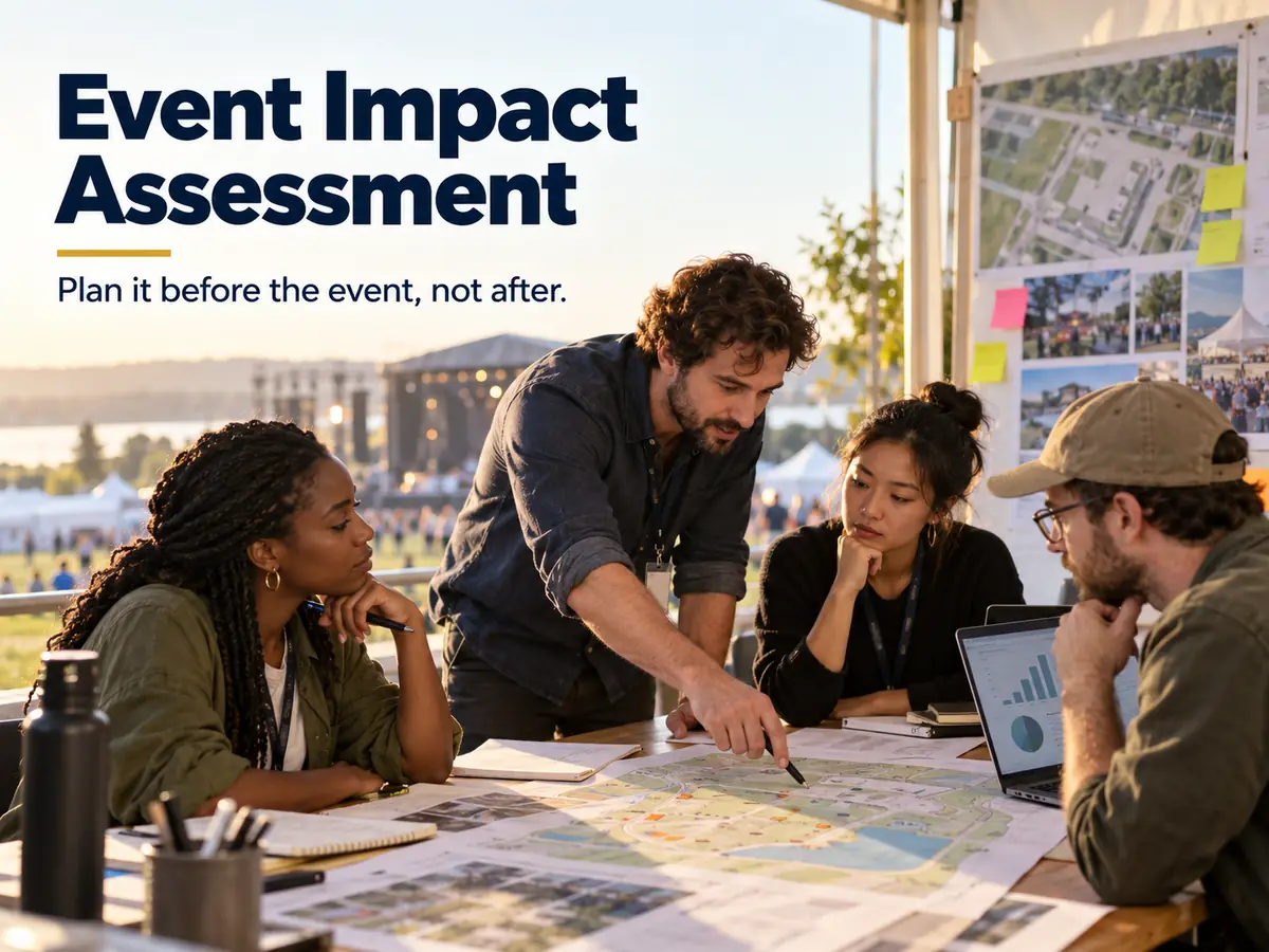 A small team around a table with printed maps, a laptop with charts and sticky notes on a wall, an event site visible through the window