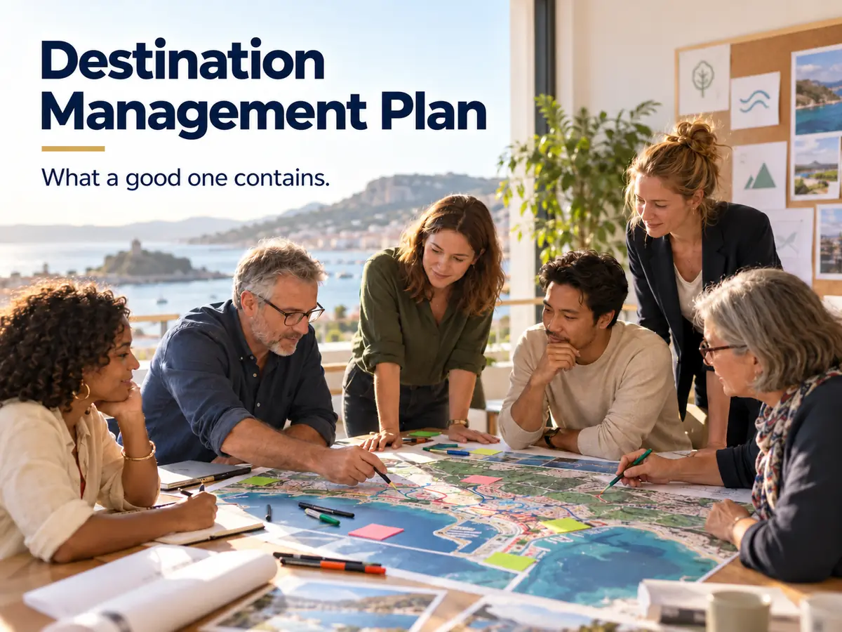 A workshop room with residents, hotel managers and planners around a large printed map of a coastal city, pens and coloured markers