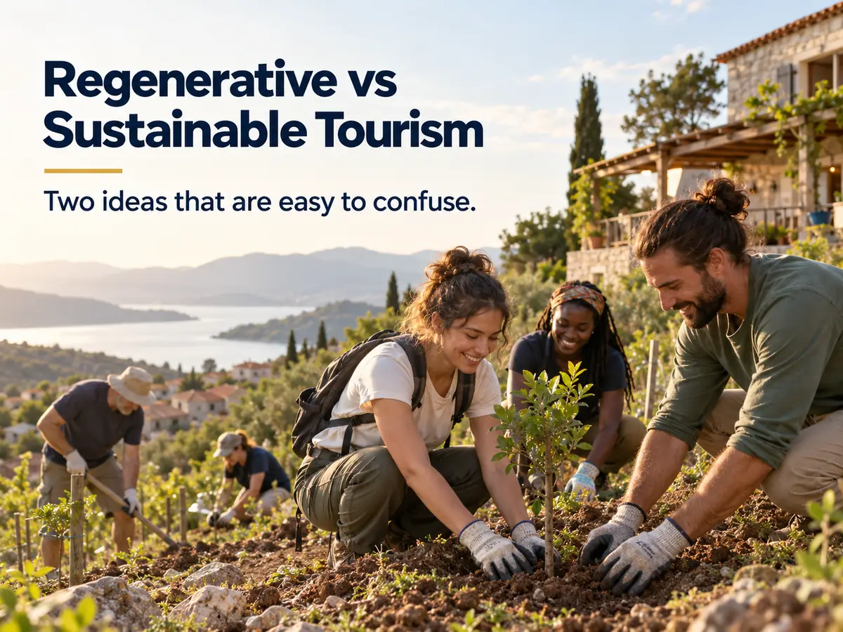 Visitors and locals planting trees on a hillside near a village, a simple guesthouse in the background