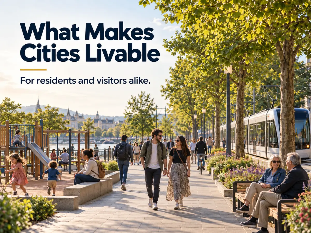 A tree-lined avenue with a tram, shaded benches, a playground and people of different ages walking