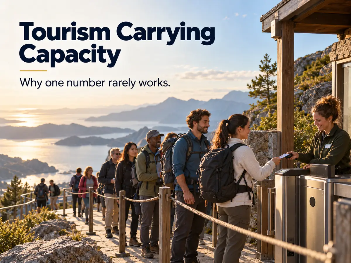 A famous viewpoint with a timed-entry gate, a staff member with a counter and a queue of visitors spaced along a path