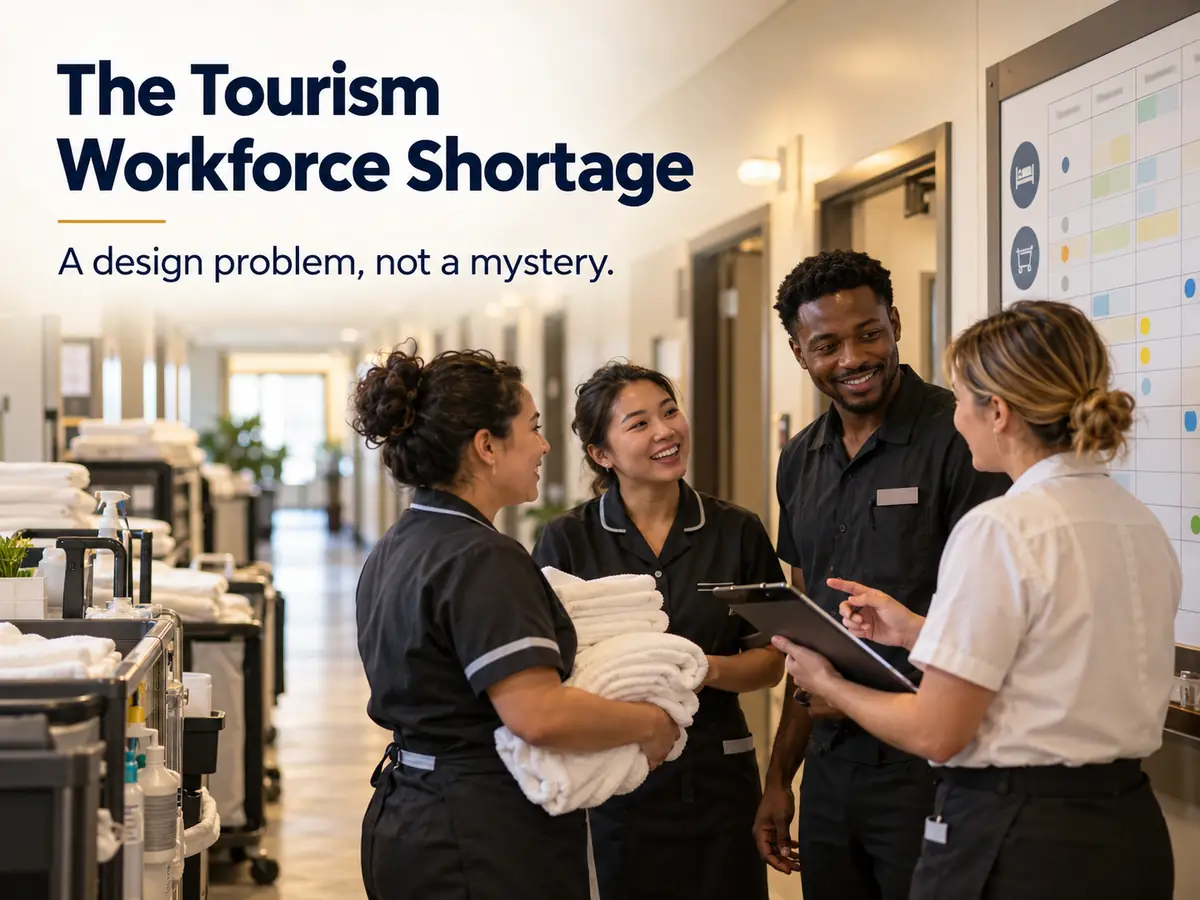 Hotel staff in a back-of-house corridor at shift change, a schedule board, housekeeping carts