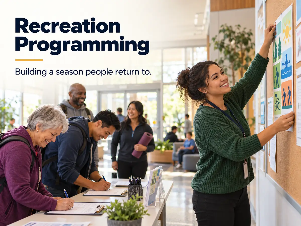 A recreation coordinator pinning a seasonal programme poster in a community centre lobby, people signing up at a desk